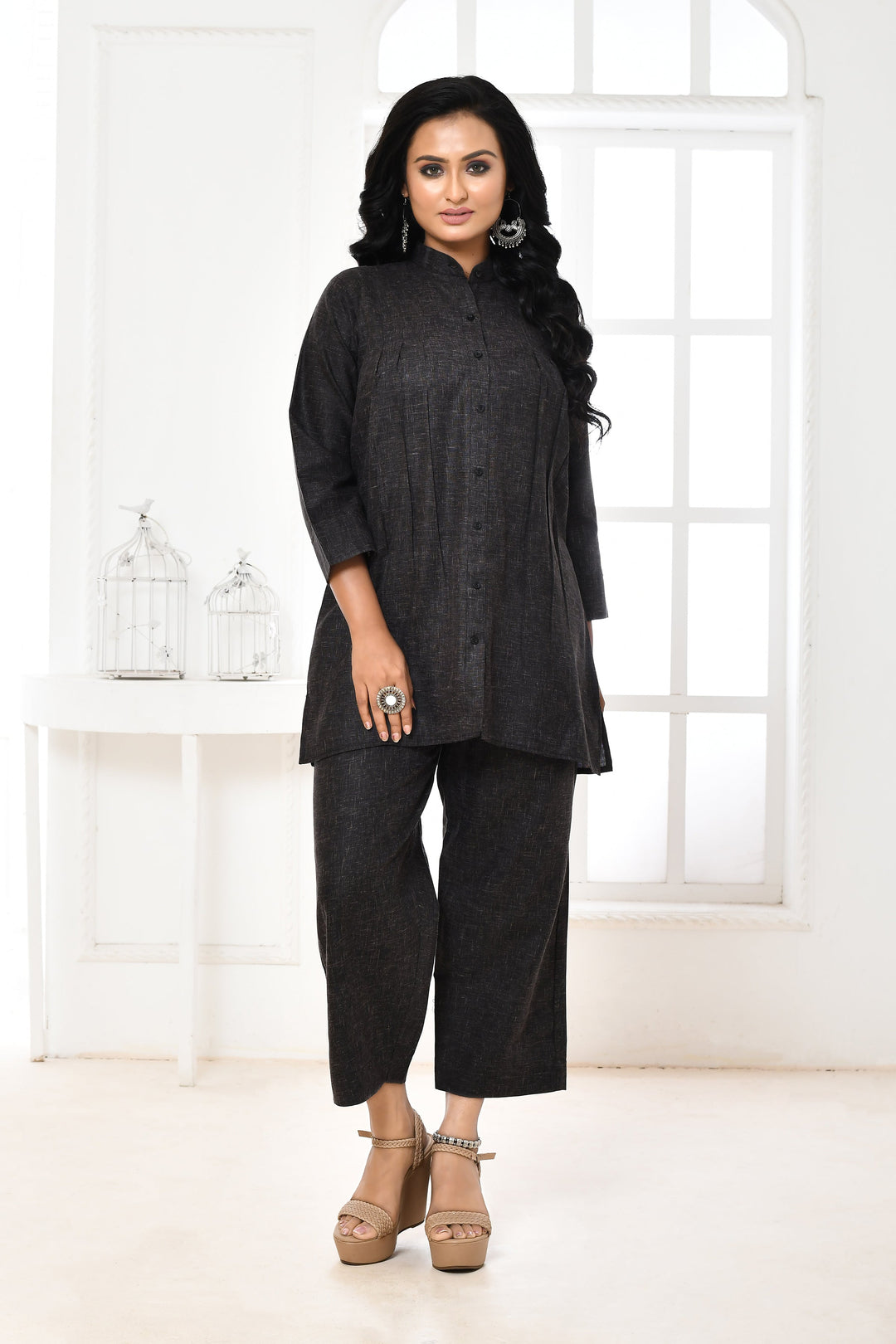 ZERESOUQ-Black-Pure-Khadi-Cotton-Gathered-Co-Ord-Set