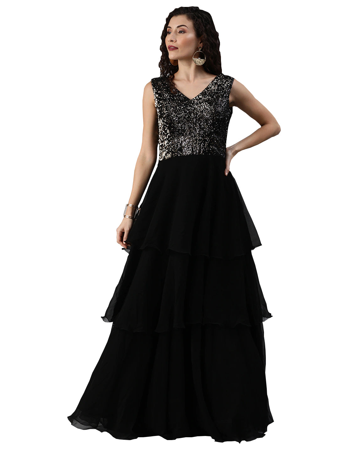 Black-Sequins-Embroidered-V-Neck-Gown