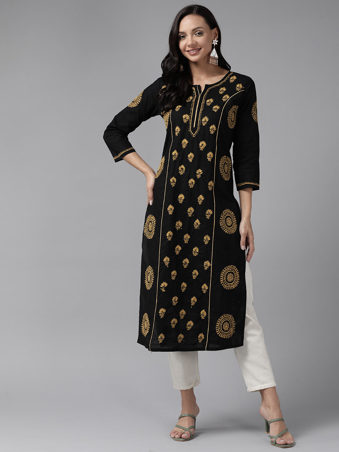 Black & Beige Cotton Artisan Embroidered Chikankari Kurta