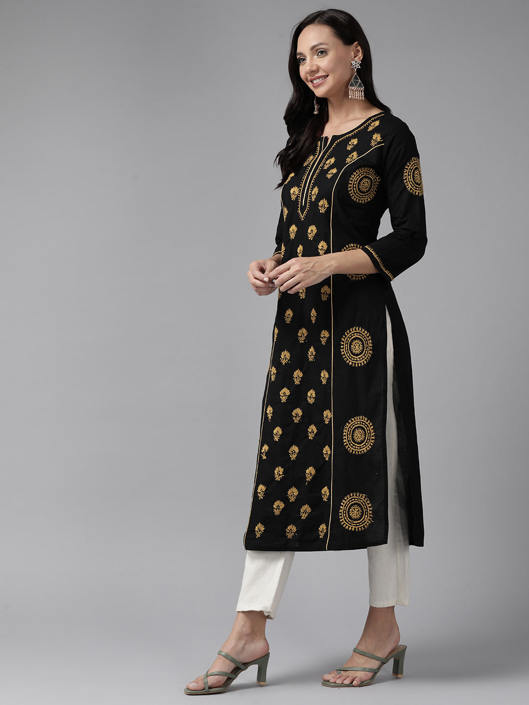 Black & Beige Cotton Artisan Embroidered Chikankari Kurta