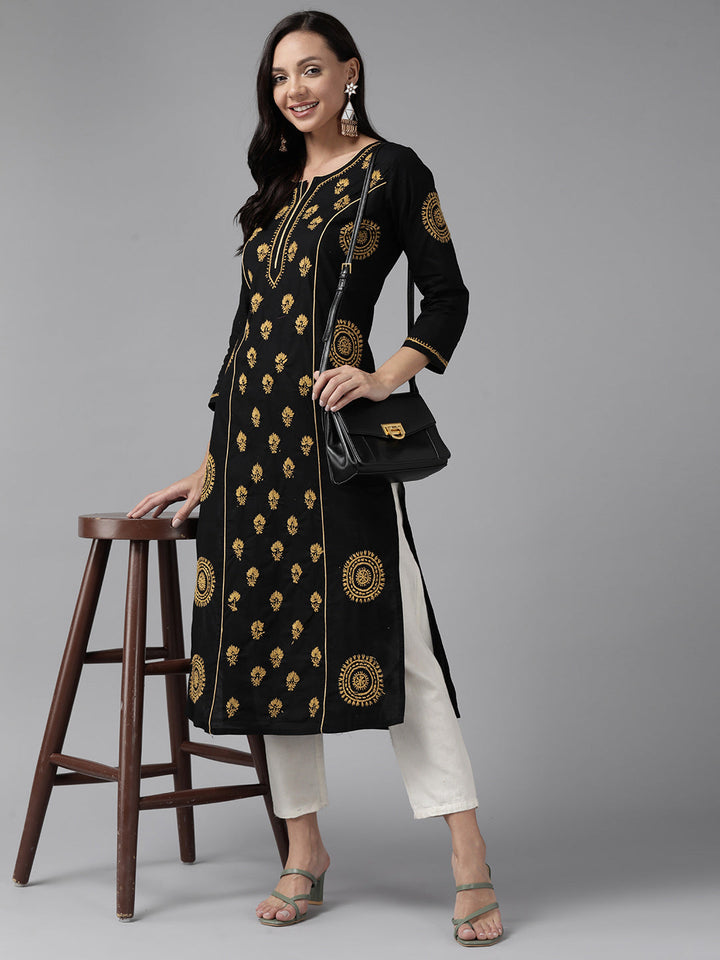 Black & Beige Cotton Artisan Embroidered Chikankari Kurta