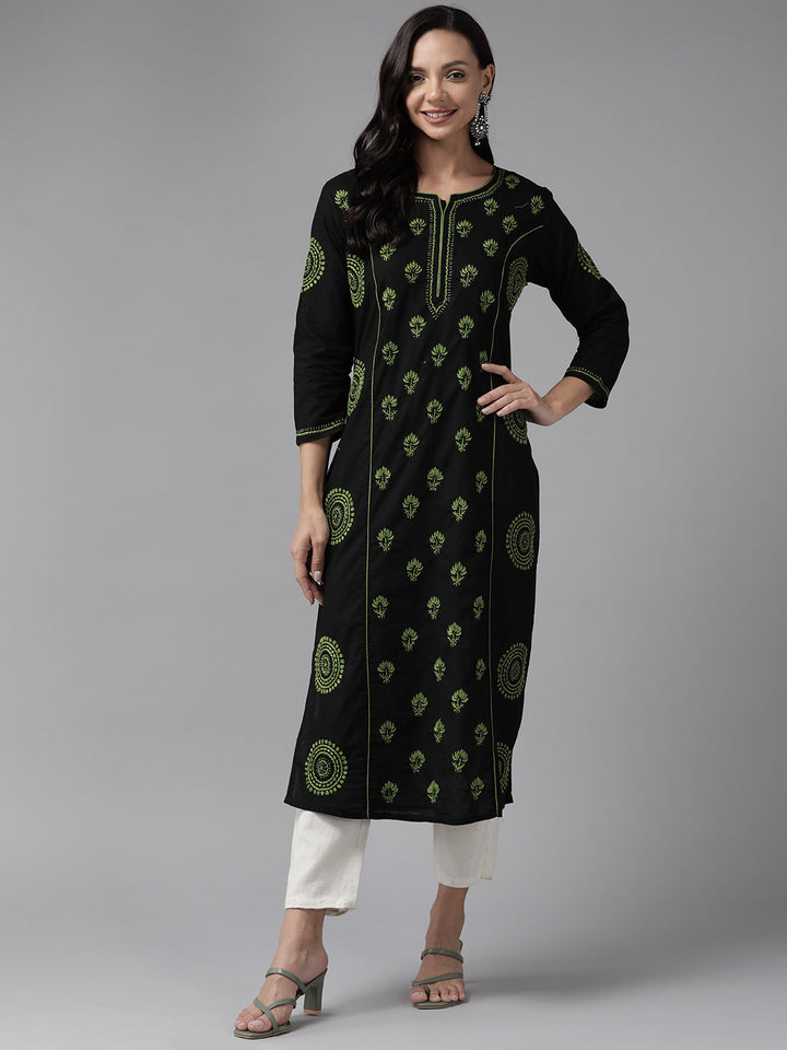 Black & Green Cotton Artisan Embroidered Chikankari Kurta