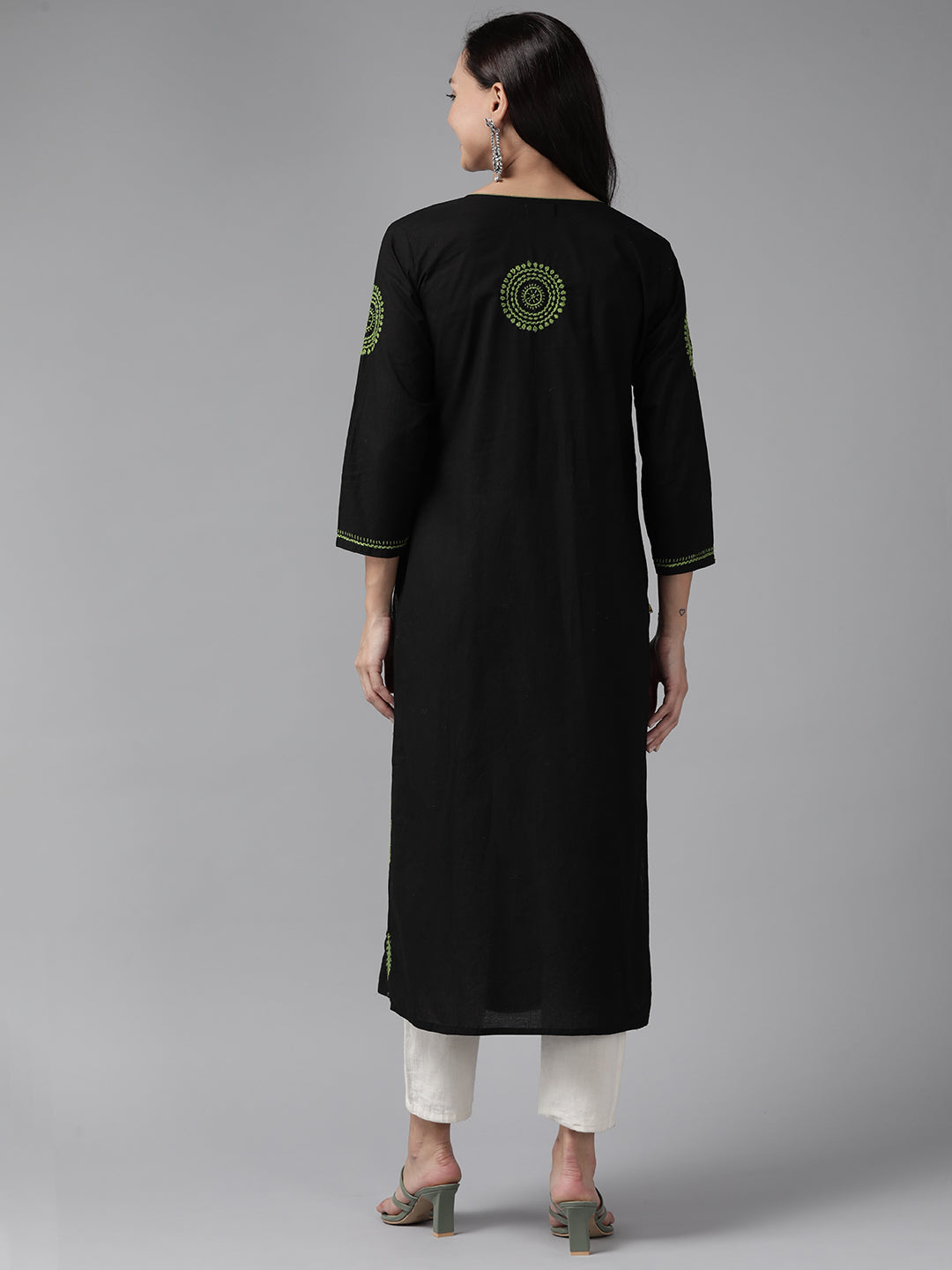Black & Green Cotton Artisan Embroidered Chikankari Kurta