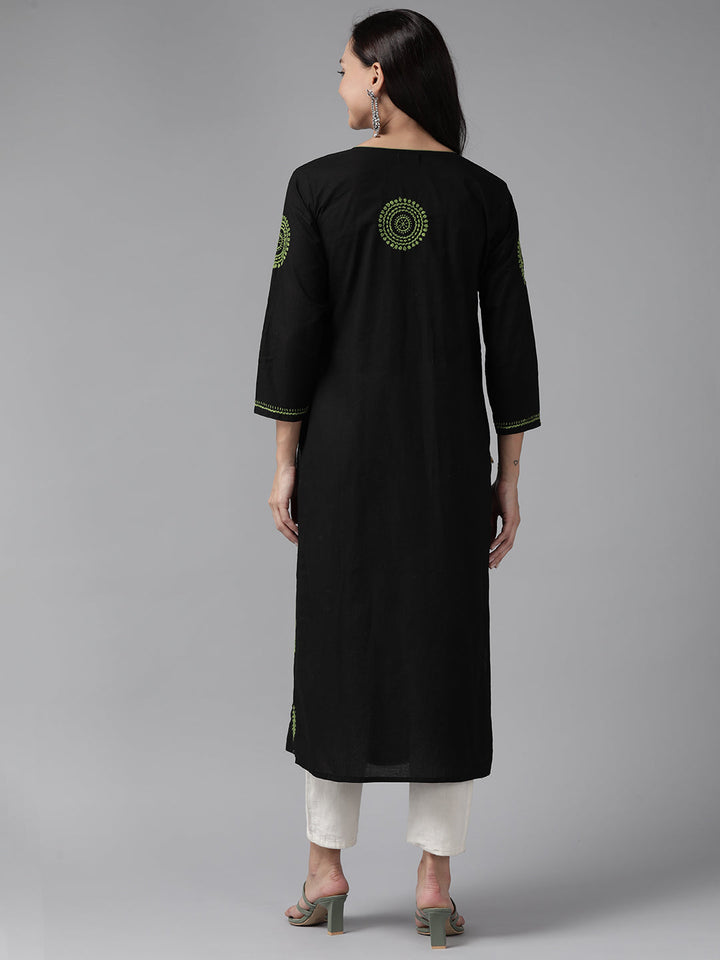 Black & Green Cotton Artisan Embroidered Chikankari Kurta