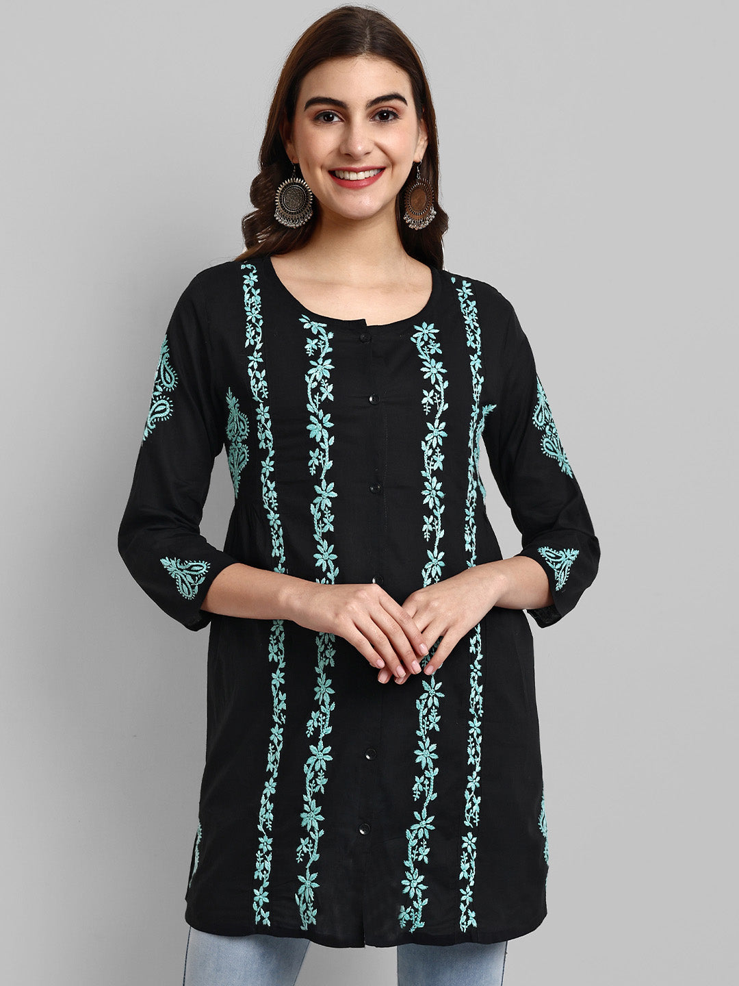 Black & Green Cotton Machine Woven Chikankari Tunic Shirt