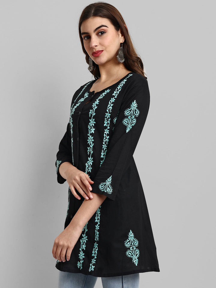 Black & Green Cotton Machine Woven Chikankari Tunic Shirt