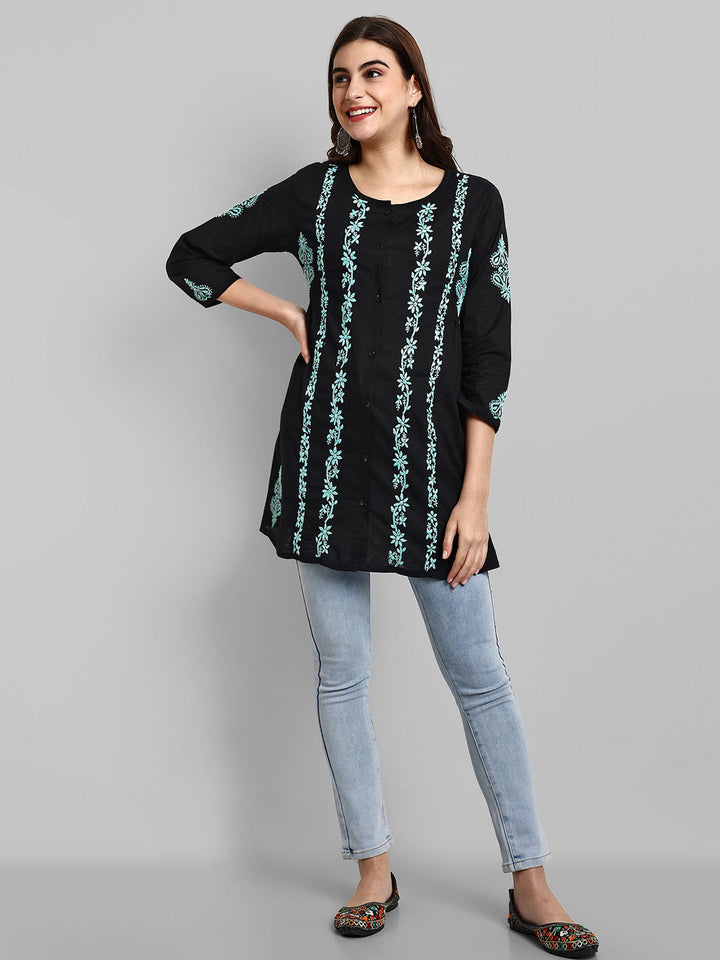 Black & Green Cotton Machine Woven Chikankari Tunic Shirt