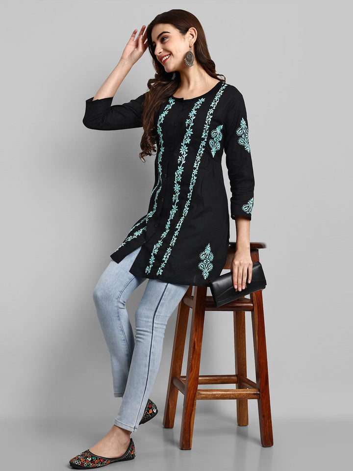 Black & Green Cotton Machine Woven Chikankari Tunic Shirt