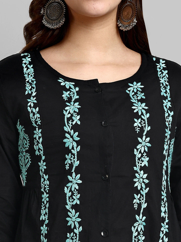 Black & Green Cotton Machine Woven Chikankari Tunic Shirt