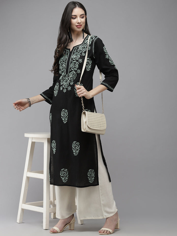 Black & Green Embroidered Chikankari Cotton Kurta