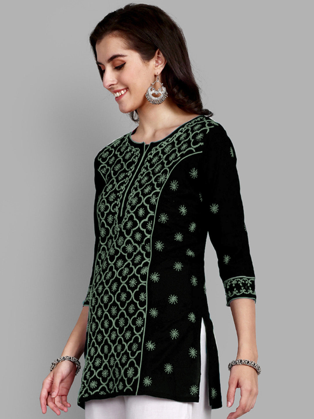 Black & Grey Cotton Chikankari Tunic Kurti