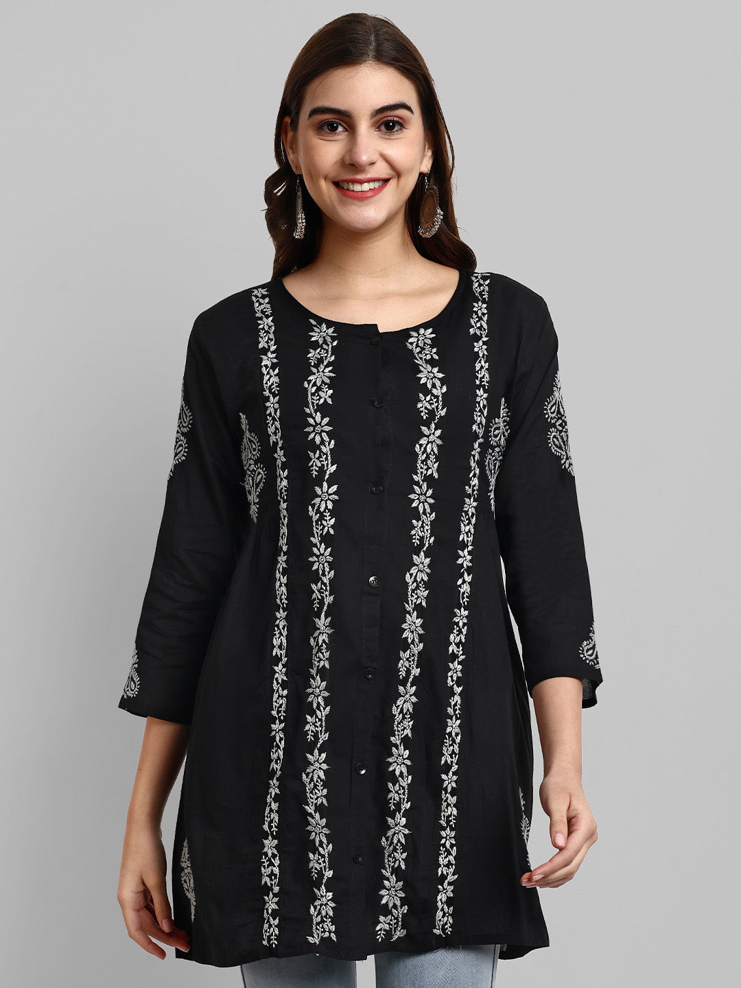 Black & Grey Cotton Machine Woven Chikankari Tunic Shirt