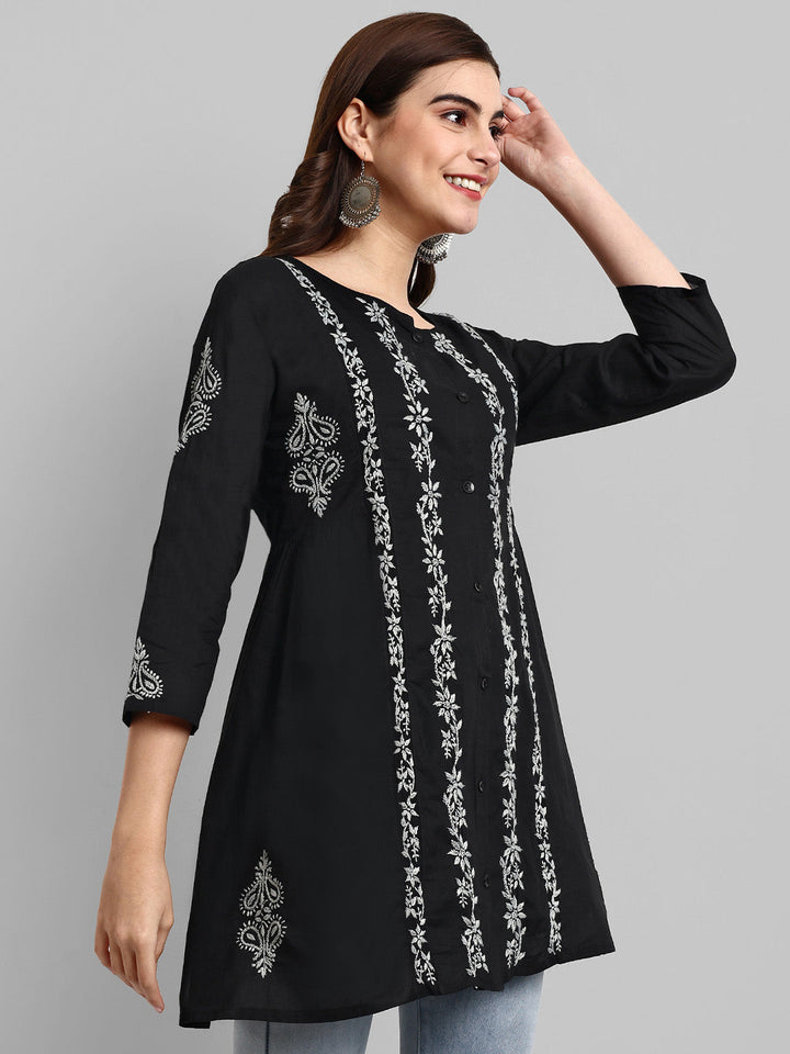 Black & Grey Cotton Machine Woven Chikankari Tunic Shirt
