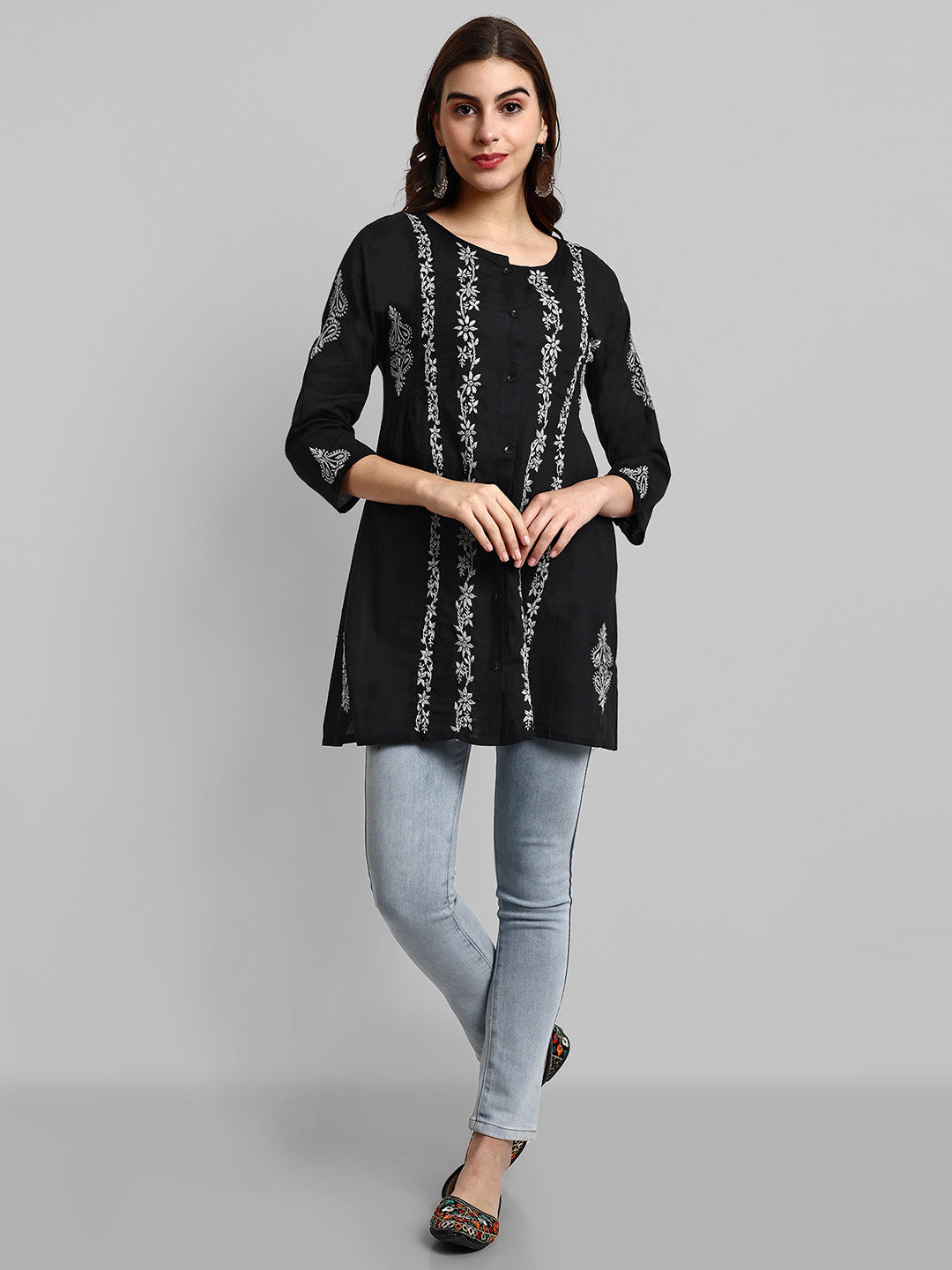 Black & Grey Cotton Machine Woven Chikankari Tunic Shirt