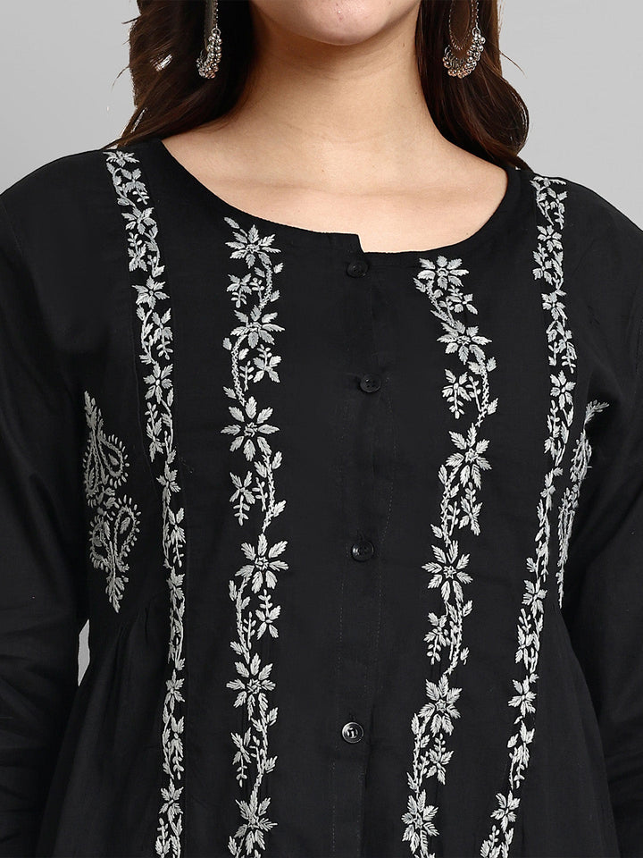 Black & Grey Cotton Machine Woven Chikankari Tunic Shirt