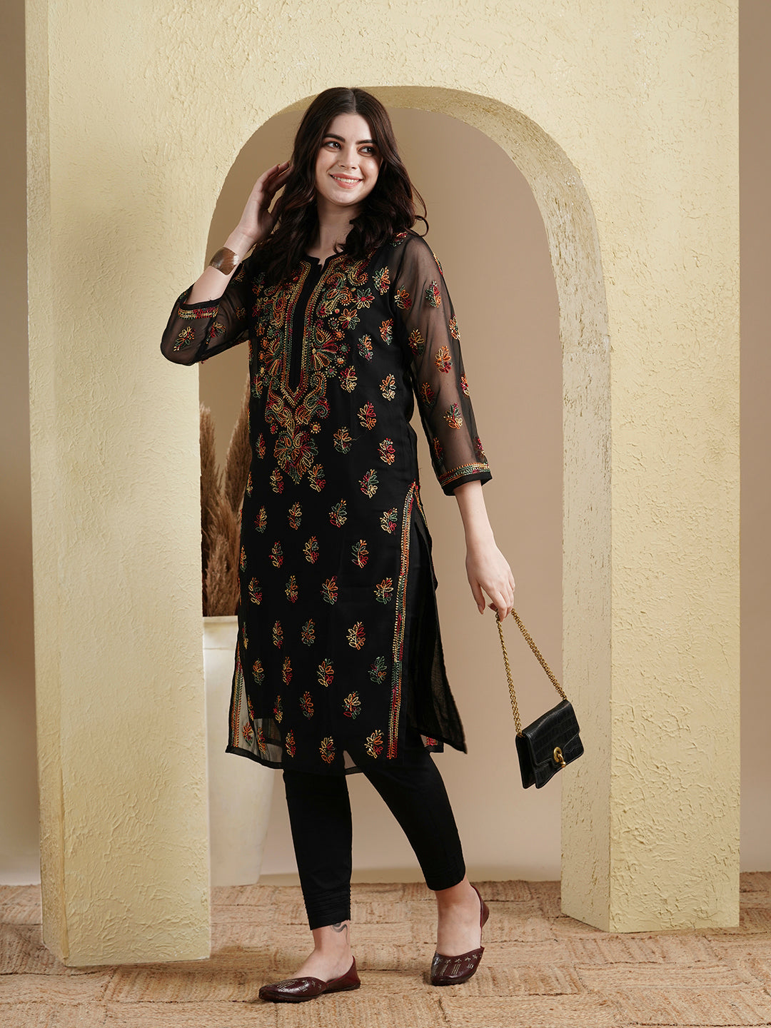 Black & Multi Poly Georgette Artisan Embroidered Chikankari Kurta with Inner