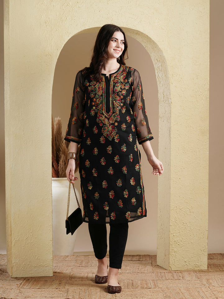 Black & Multi Poly Georgette Artisan Embroidered Chikankari Kurta with Inner