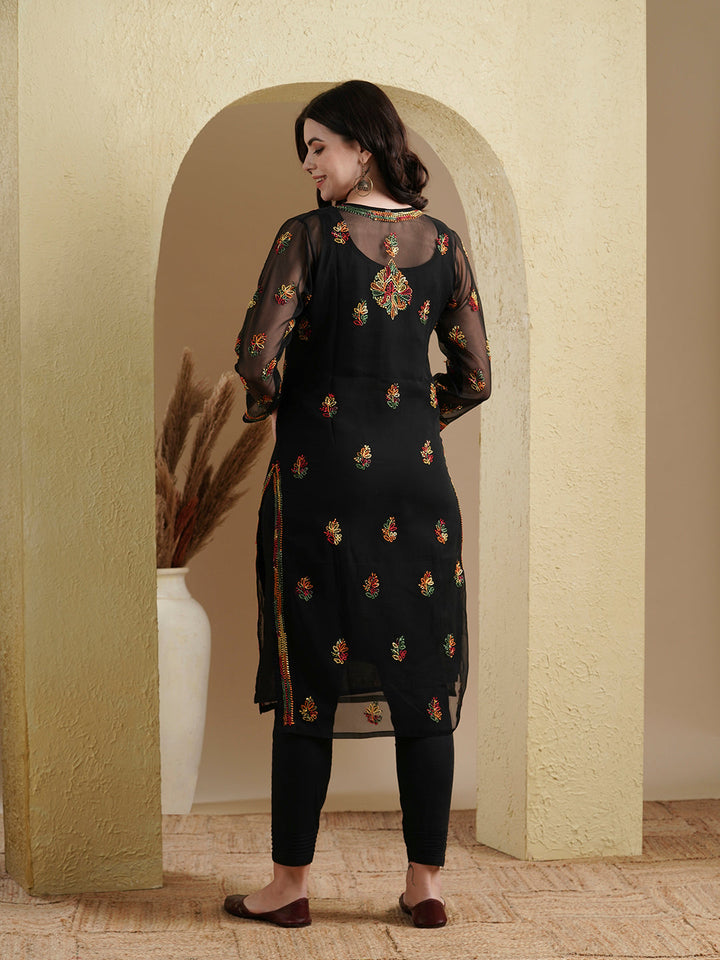 Black & Multi Poly Georgette Artisan Embroidered Chikankari Kurta with Inner