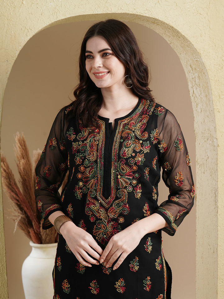 Black & Multi Poly Georgette Artisan Embroidered Chikankari Kurta with Inner