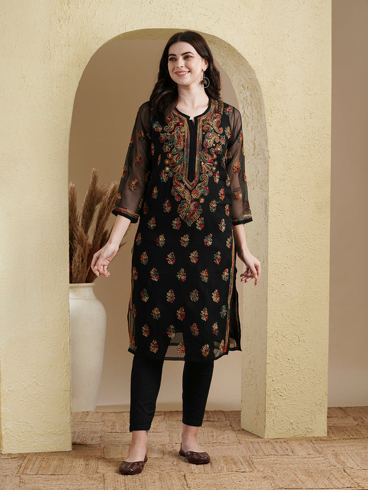 Black & Multi Poly Georgette Artisan Embroidered Chikankari Kurta with Inner