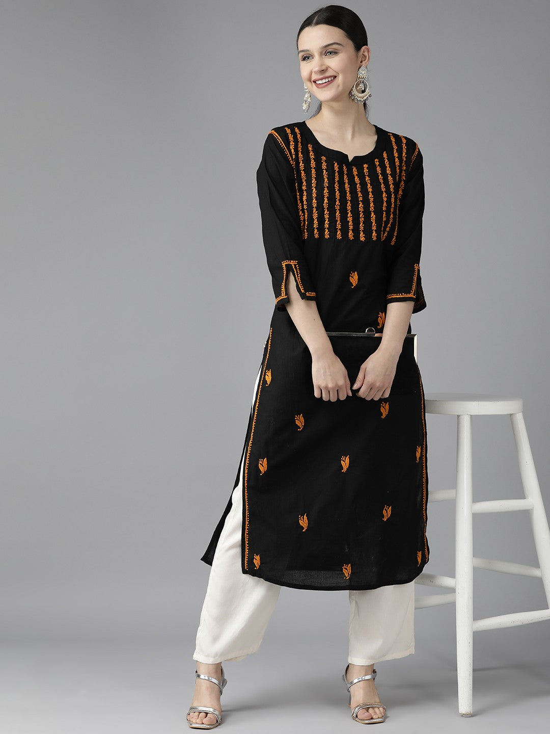 Black & Orange Cotton Straight Chikan Kurta