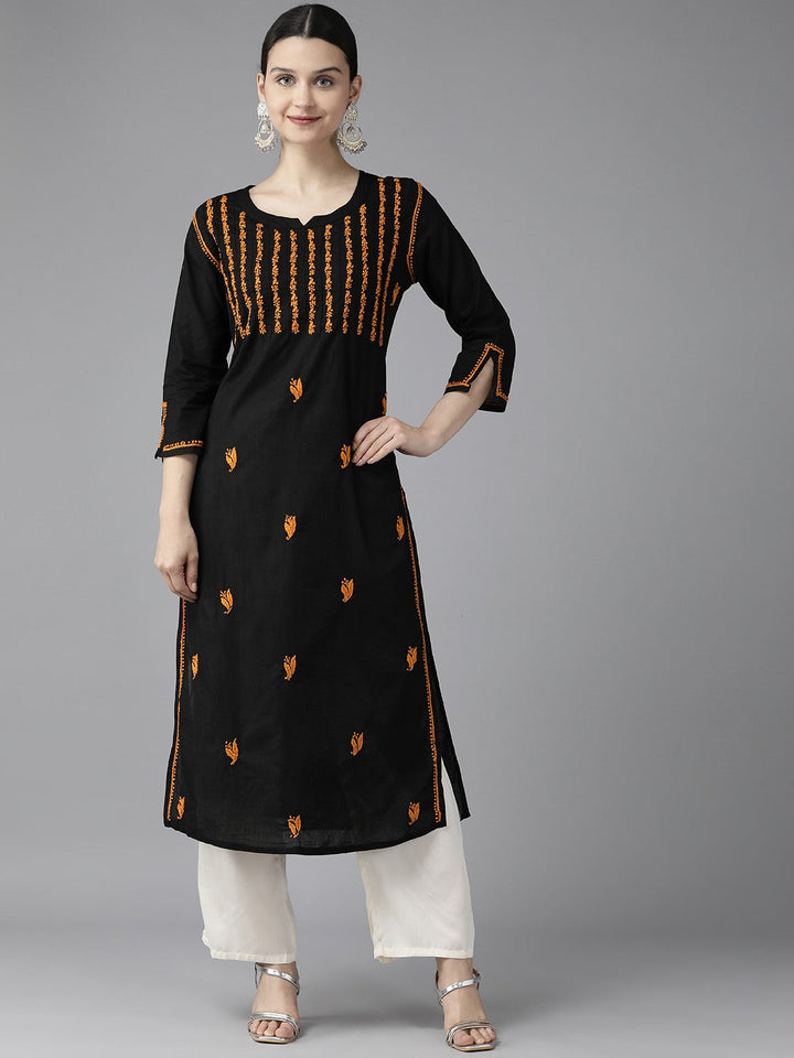 Black & Orange Cotton Straight Chikan Kurta