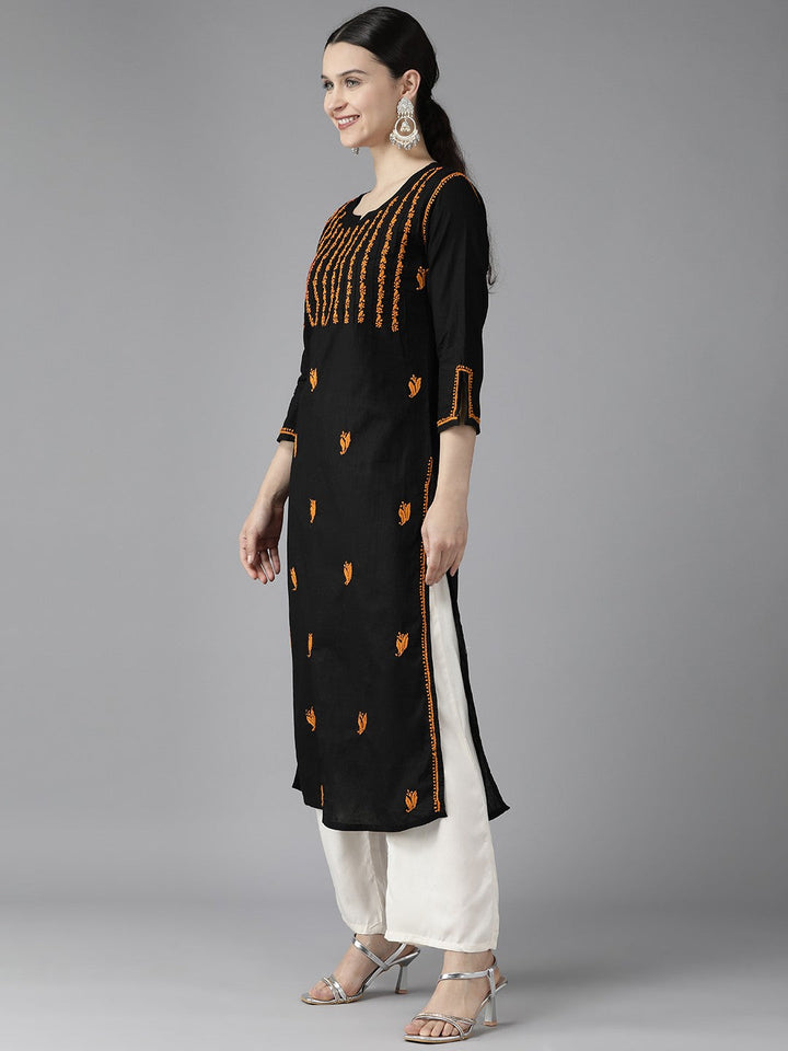 Black & Orange Cotton Straight Chikan Kurta