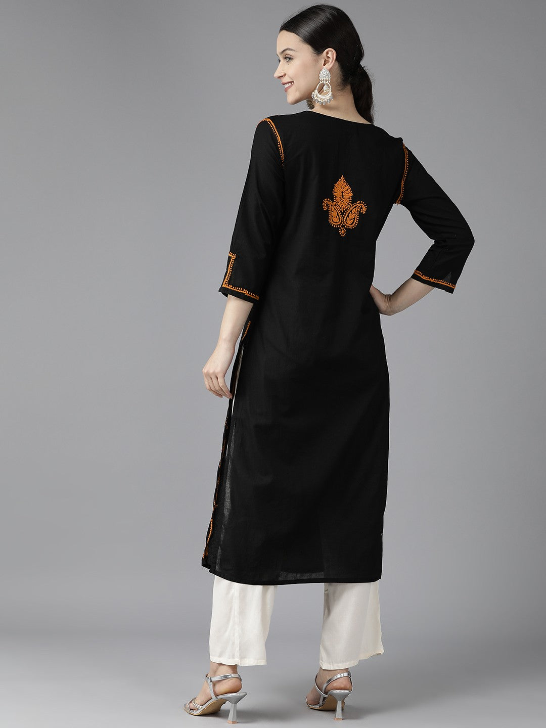 Black & Orange Cotton Straight Chikan Kurta
