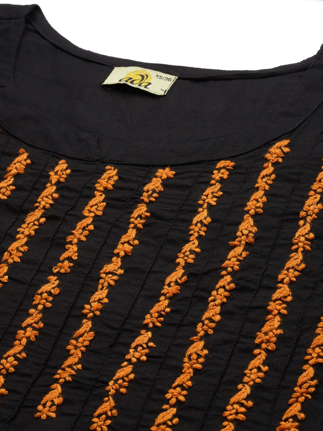 Black & Orange Cotton Straight Chikan Kurta