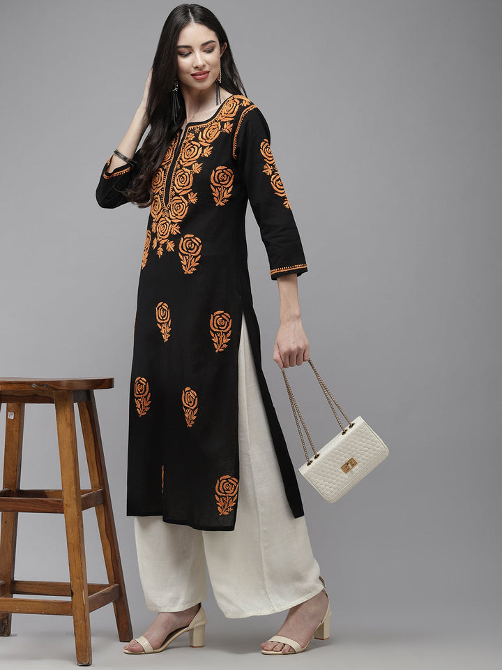 Black & Orange Embroidered Chikankari Cotton Kurta