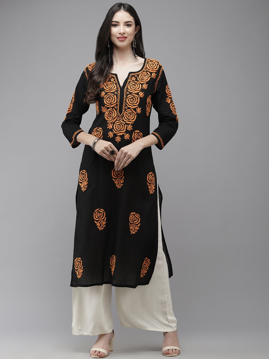 Black & Orange Embroidered Chikankari Cotton Kurta
