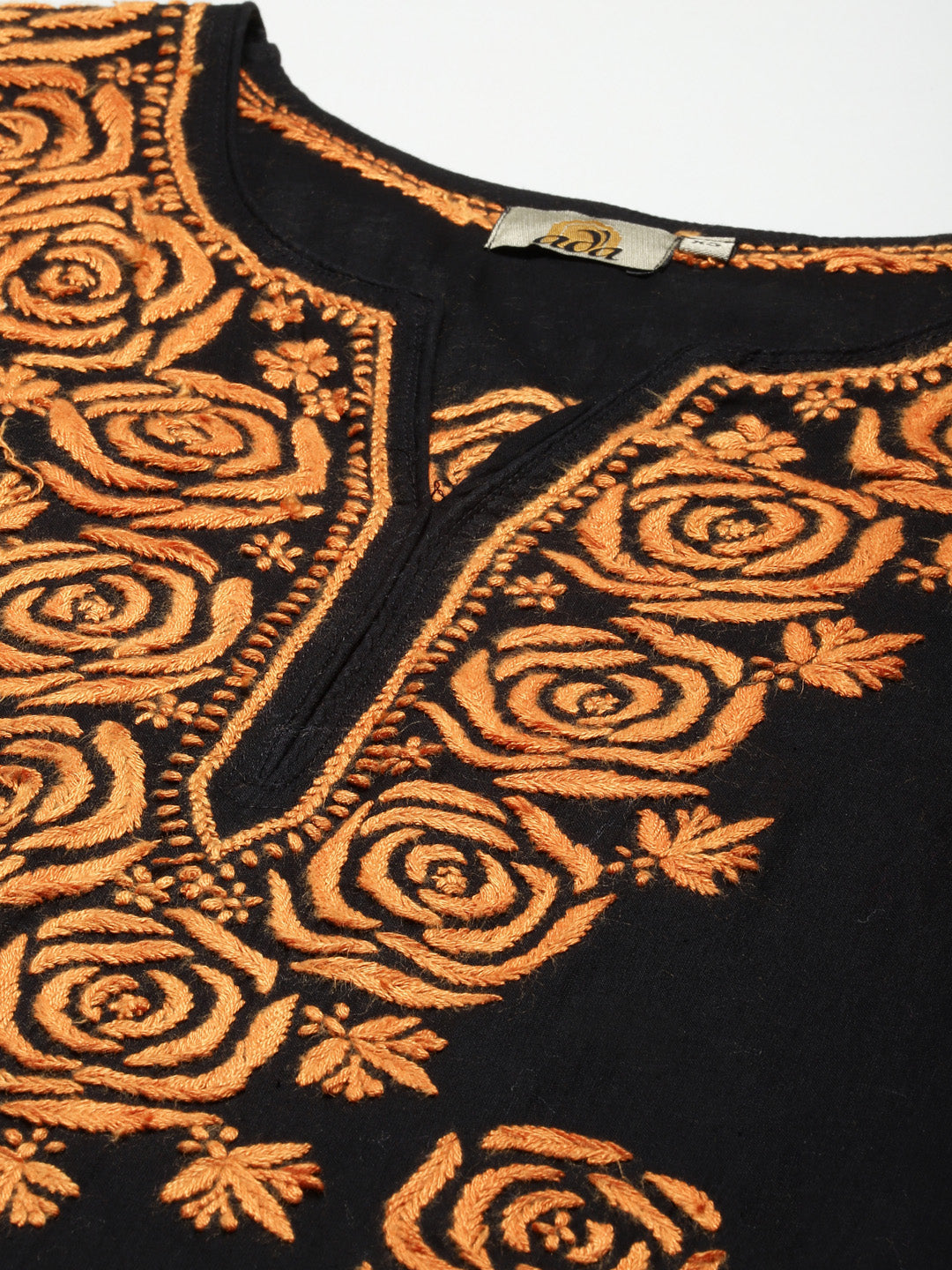 Black & Orange Embroidered Chikankari Cotton Kurta