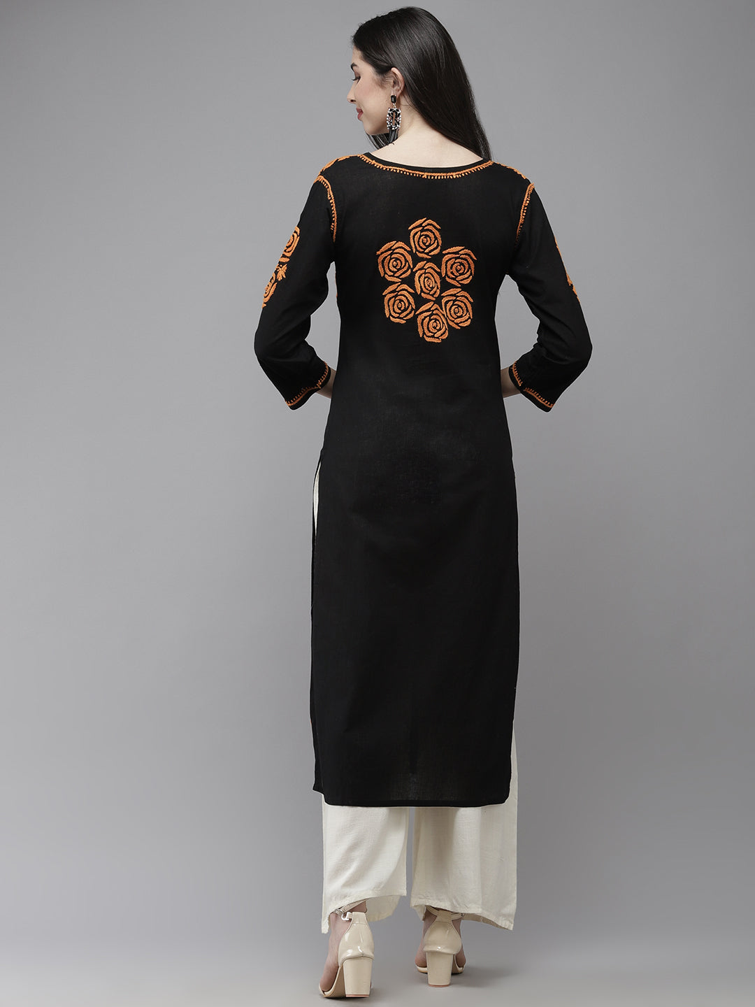 Black & Orange Embroidered Chikankari Cotton Kurta