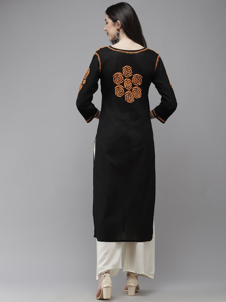 Black & Orange Embroidered Chikankari Cotton Kurta