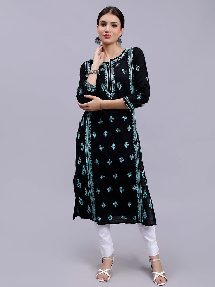 Black in Blue Thread Lucknowi Chikankari Embroidered Kurti