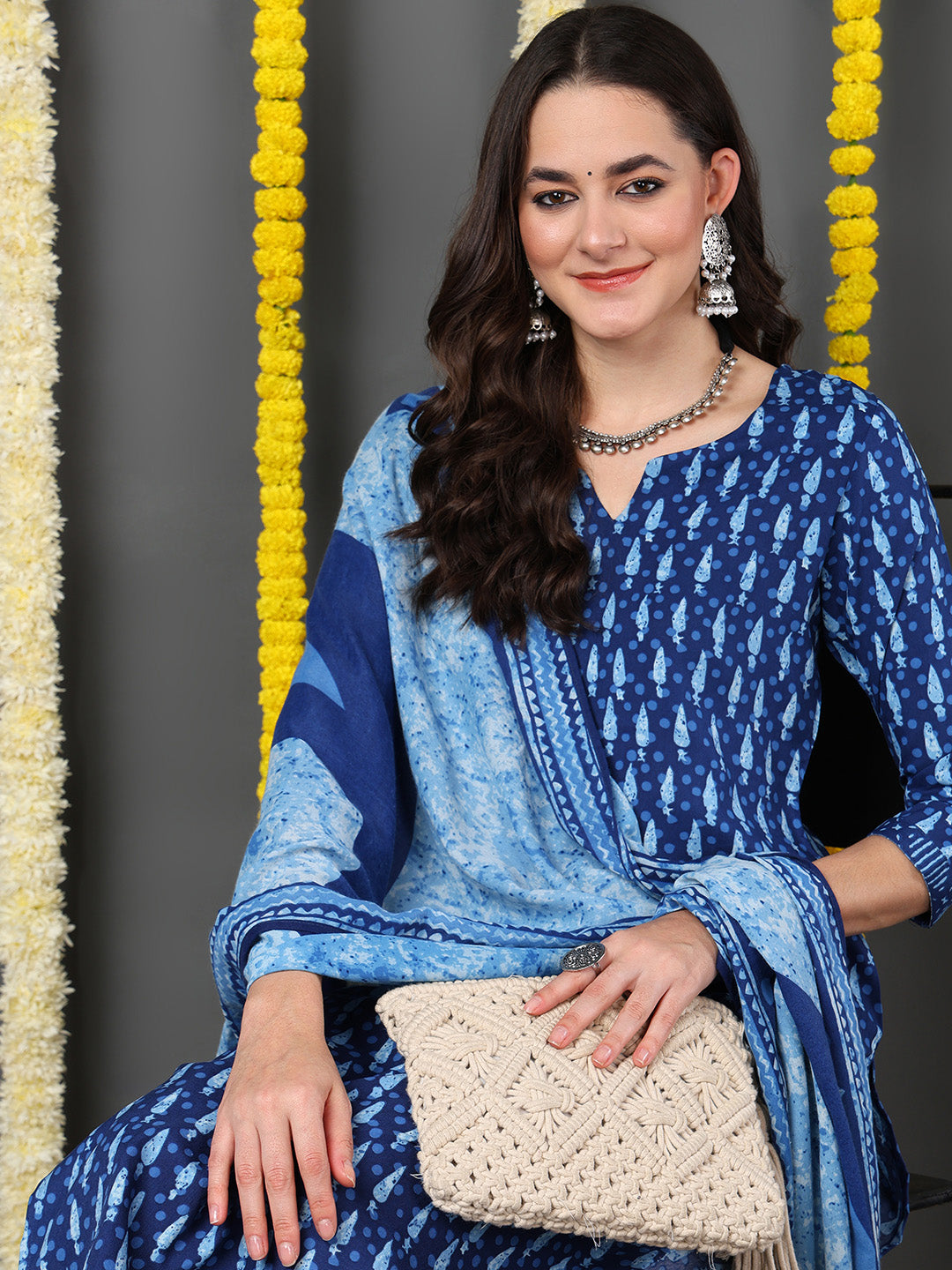 ZERESOUQ-Blue-Cotton-Blend-Ethnic-Motifs-Printed-Straight-Kurta-Trouser-With-Dupatta