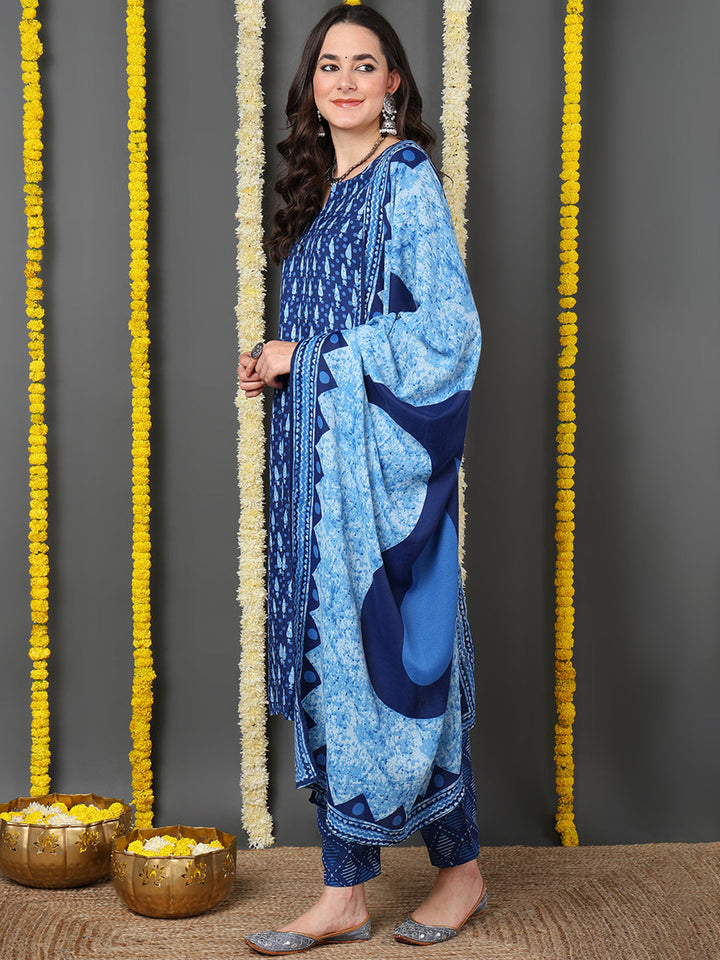 ZERESOUQ-Blue-Cotton-Blend-Ethnic-Motifs-Printed-Straight-Kurta-Trouser-With-Dupatta