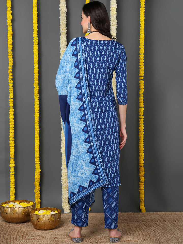 ZERESOUQ-Blue-Cotton-Blend-Ethnic-Motifs-Printed-Straight-Kurta-Trouser-With-Dupatta