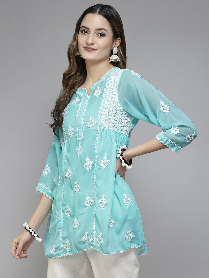 Blue-Faux-Georgette-Chikan-Kurti-Only