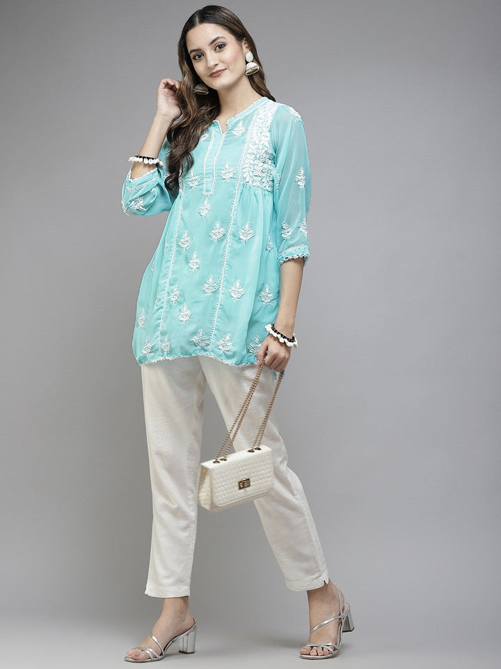 Blue-Faux-Georgette-Chikan-Kurti-Only
