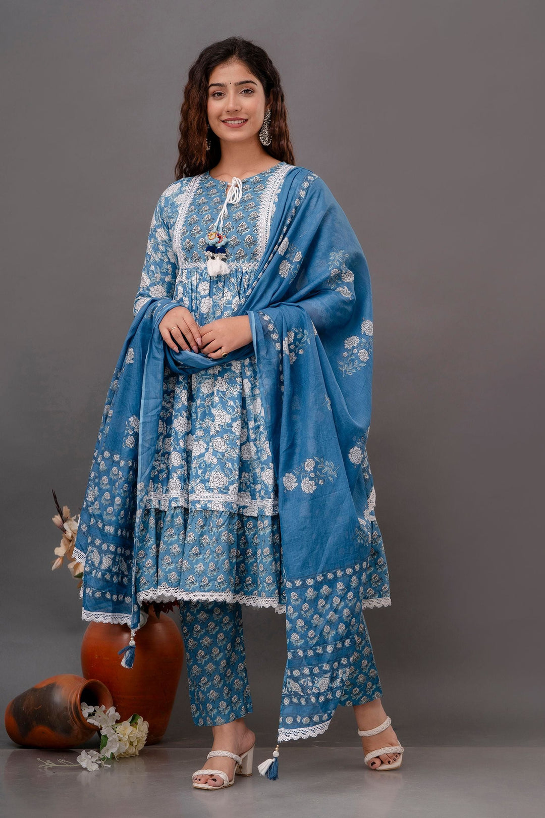 Blue-Floral-Printed-Mirror-Work-Pure-Cotton-Anarkali-Set