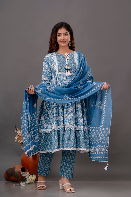 Blue-Floral-Printed-Mirror-Work-Pure-Cotton-Anarkali-Set