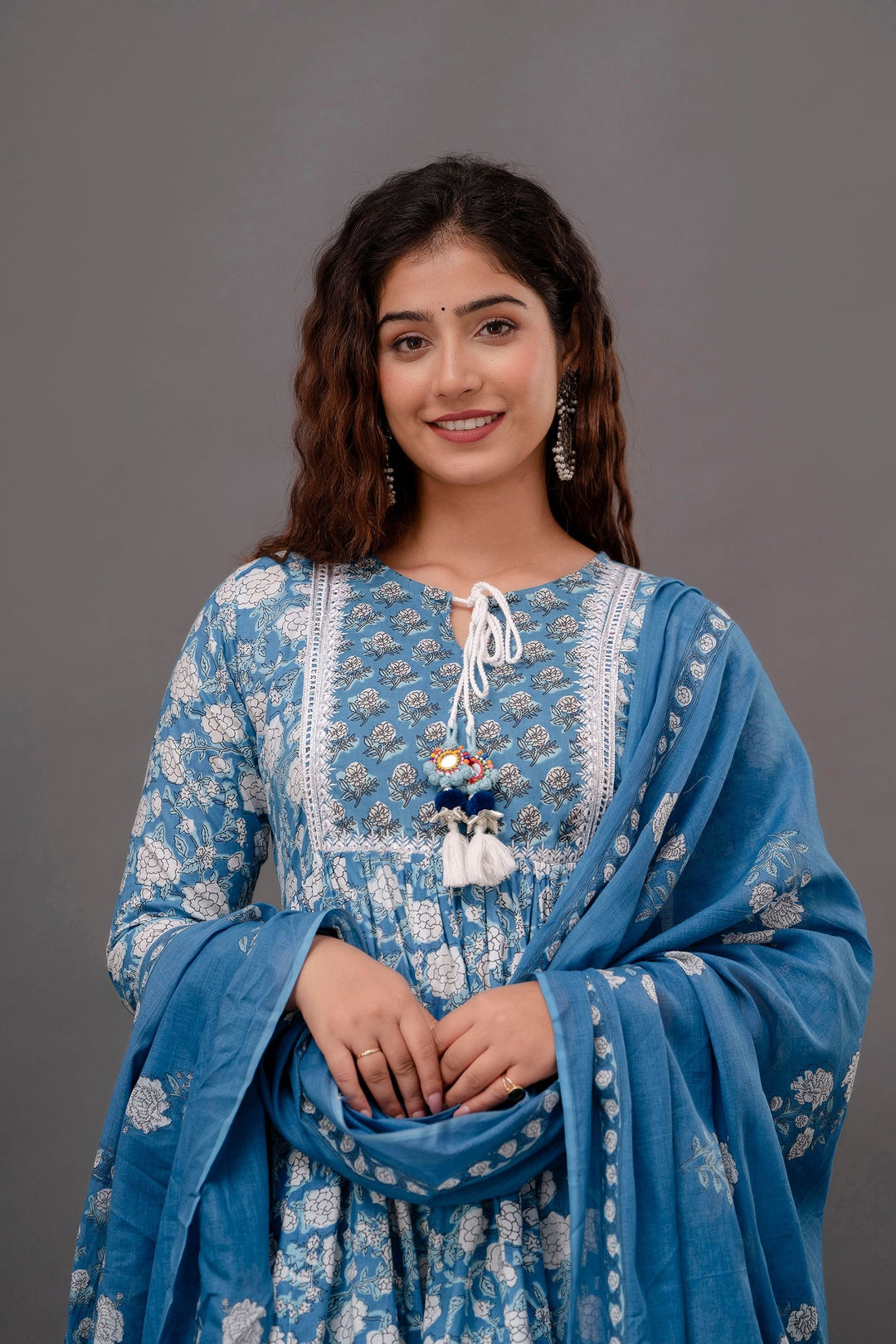 Blue-Floral-Printed-Mirror-Work-Pure-Cotton-Anarkali-Set