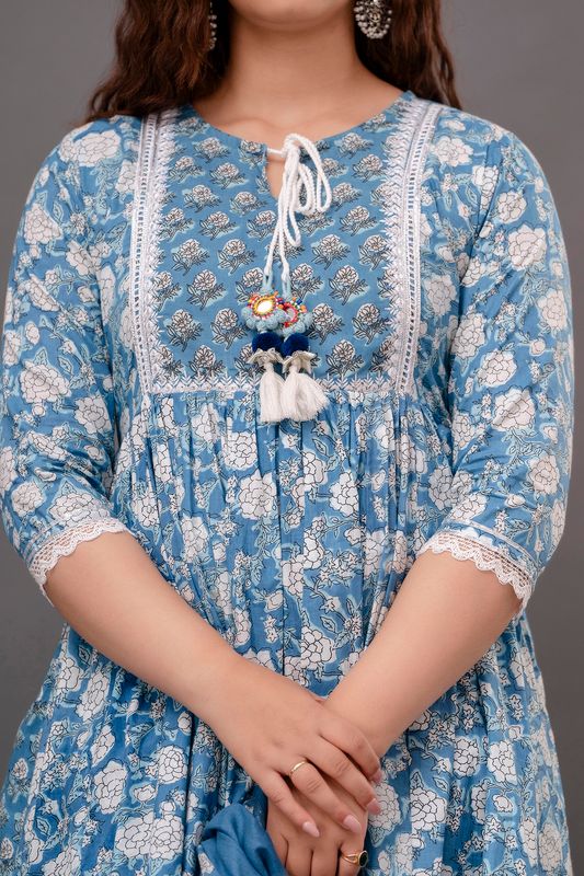 Blue-Floral-Printed-Mirror-Work-Pure-Cotton-Anarkali-Set
