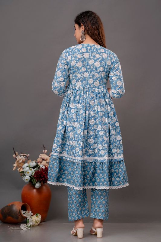 Blue-Floral-Printed-Mirror-Work-Pure-Cotton-Anarkali-Set