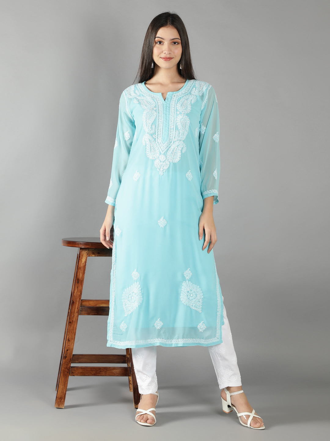Blue Georgette Chikan Kurta & Matching Slip