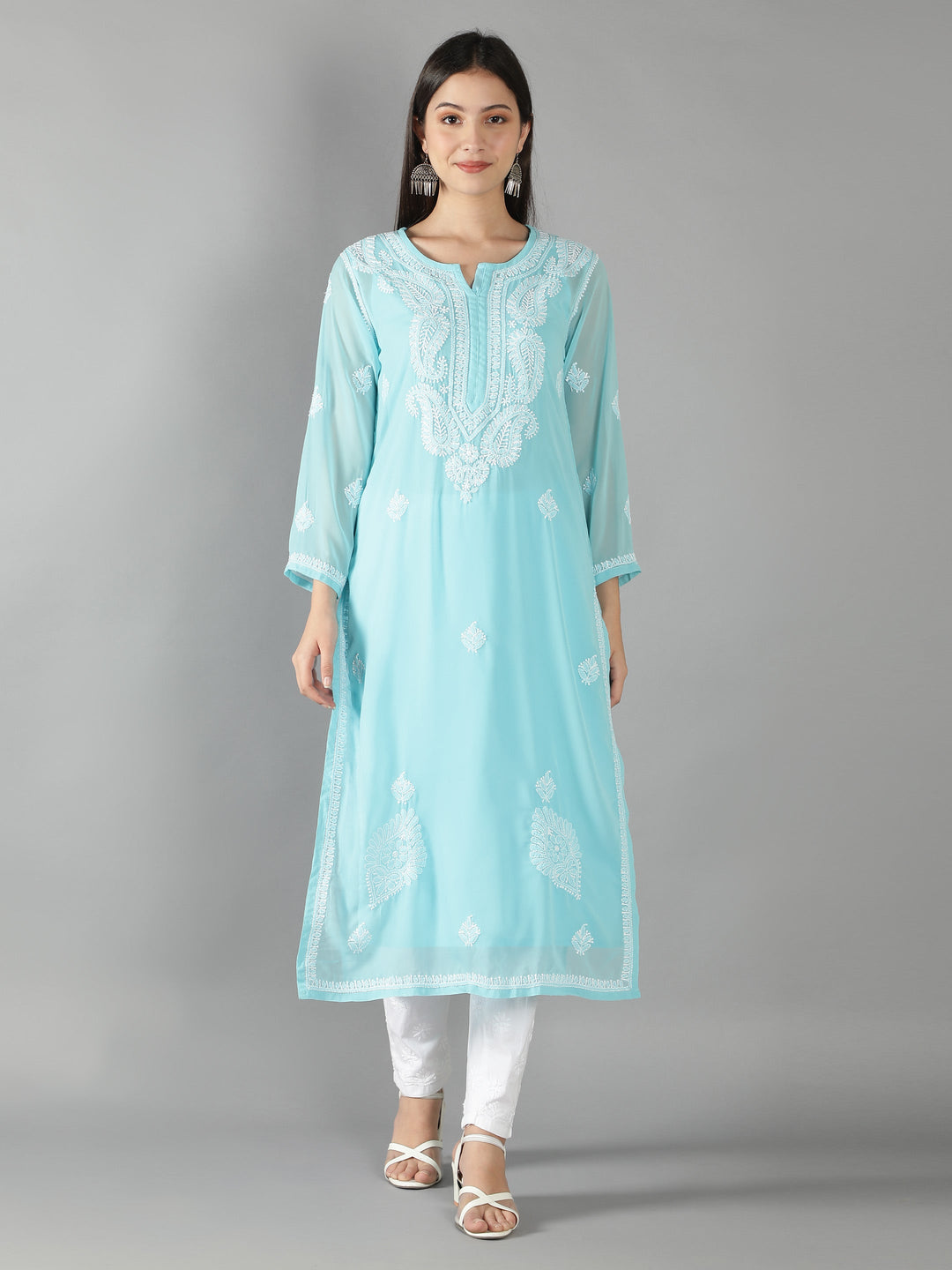 Blue Georgette Chikan Kurta & Matching Slip