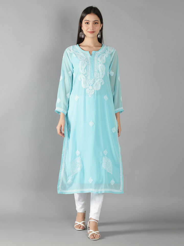 Blue Georgette Chikan Kurta & Matching Slip