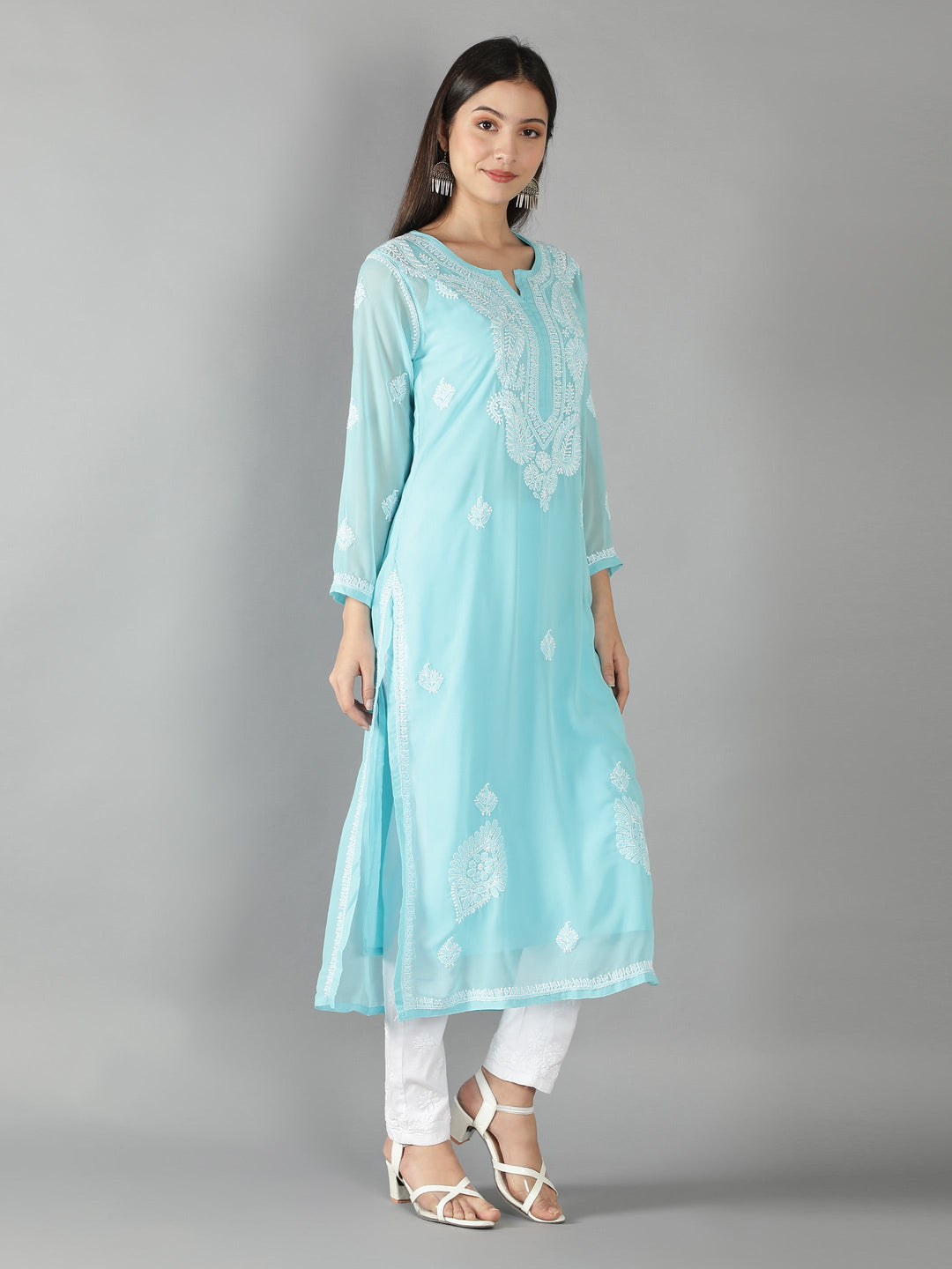 Blue Georgette Chikan Kurta & Matching Slip