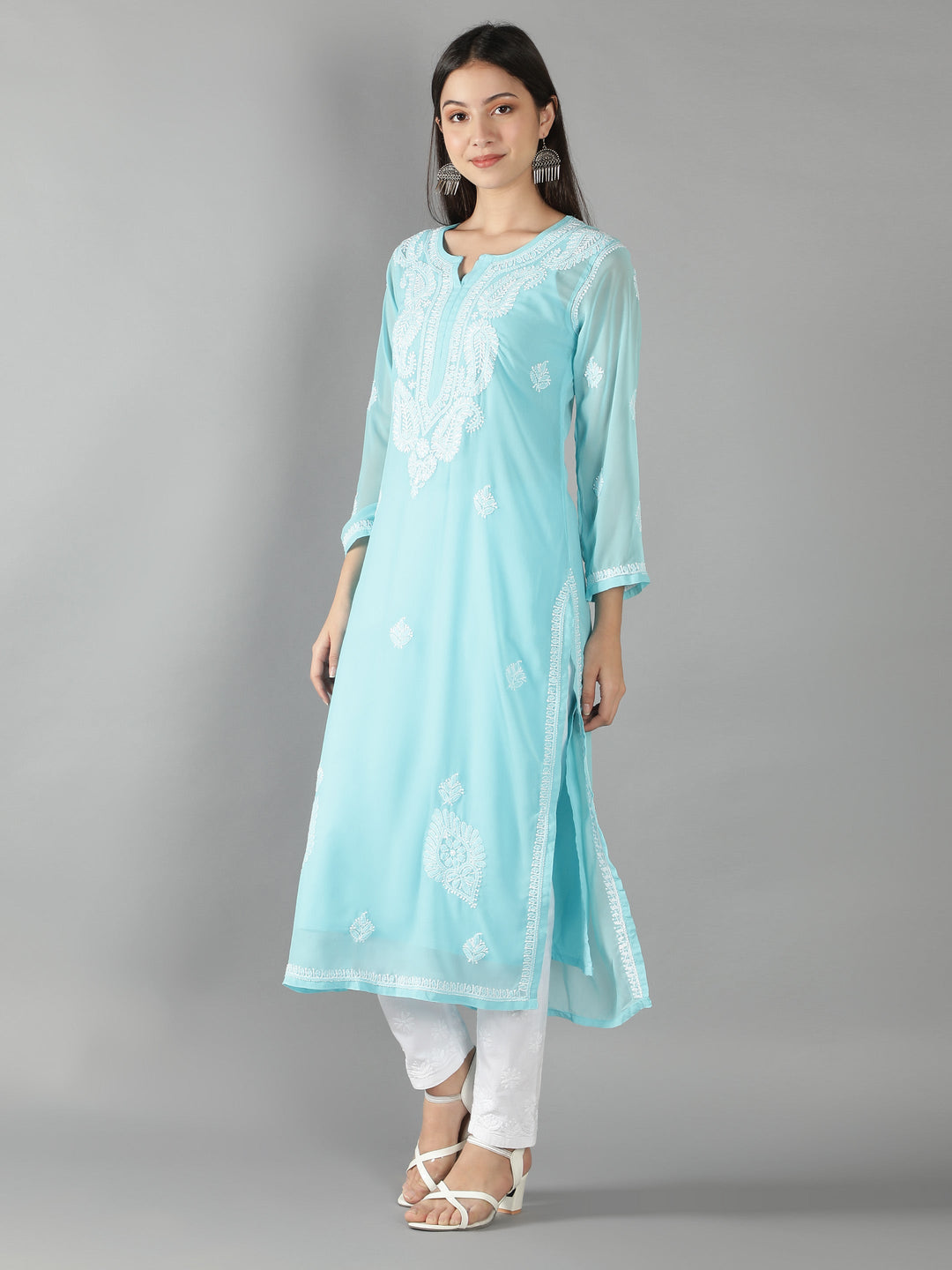 Blue Georgette Chikan Kurta & Matching Slip